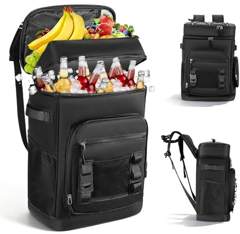 Mochila refrigeradora impermeable grande de 30 l para 48 latas, mochila de camping aislada con correas de transporte, bolsa nevera a prueba de fugas para playa, picnic, senderismo, color negro