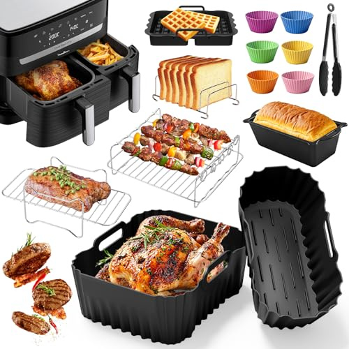 Heißluftfritteuse Zubehör für Tefal Ey9018 Dual Easy Fry 8,3L(5,2+3,1L), Airfryer Silikonform Zubehör mit Backform Grillrost Kuchenformen für Tower T17099/Salter EK5729