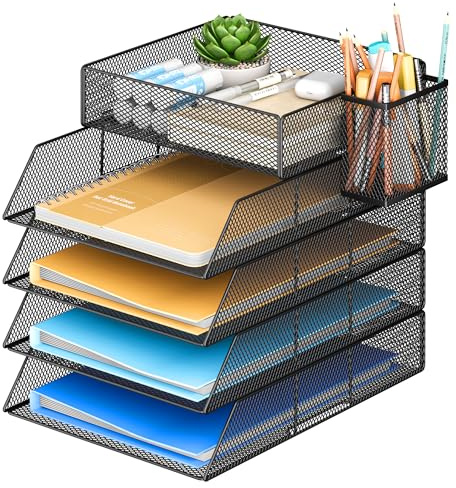 VITVITI 4 Tier Stackable Letter Tray for Office Tidy with 1 Flat Compartment, 1 Pen Holder, Desk Paper Organiser File Trays for Office Desk Accessories (Black)