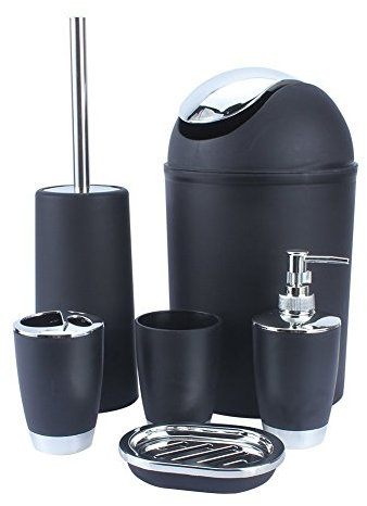 BATHROOM SET 6 PIECE ACCESSORY BIN SOAP DISH DISPENSER TUMBLER TOOTHBRUSH HOLDER (BLACK)