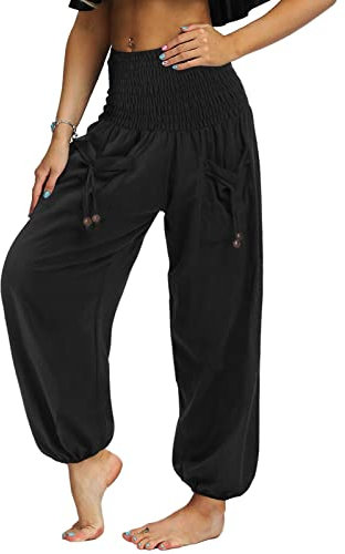 Nuofengkudu Damen Hippie High Waist Haremshose Leicht Pumphose Harem Hosen Locker Schlicht Baggy Boho Viskose Pluderhose Yoga Pants Sommerhose Freizeithose Pyjamahose Thaihose Homewear Schwarz M