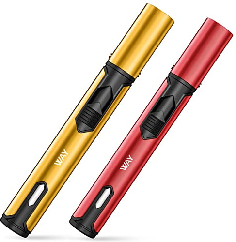 VVAY Accendino Jet Flame a Gas Butano Ricaricabile, Antivento Lungo per Candele, Cucina, Campeggio, Barbecue, Camino (Venduto Senza Gas) (Oro e Rosso)