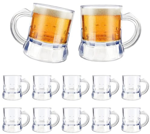 ZZYFGH 12 Pcs Mini Plastic Beer Mugs, 1 Oz Clear Plastic Shot Glasses Beer Mug with Handles, Reusable Beer Stein Tasting Glasses for Beer Fest, Birthday Weddings Party Supplies, BBQ and Picnics