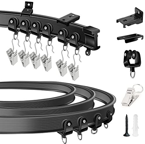 KOLAKO 10Ft Flexible Bendable Curtain Track Ceiling Wall Mount Black Curved Heavy Duty RV Sliding Curtain Rail System Room Divider