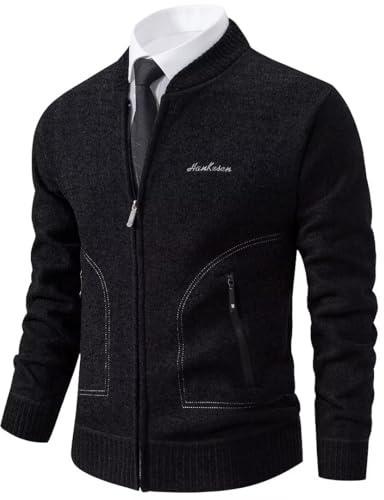 Shuanghao Men's Cardigan Sweater Knitwear Jacket Coat Classic Casual Stand Collar Thick Velvet Wool Fleece Warm Relaxed Fit Zipper Knitwear Active Sweatshirt for Men UK Black XL (Baseball Collar)