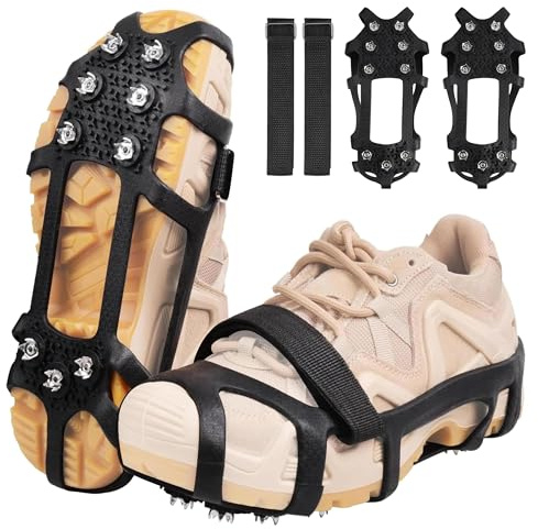 Ice Snow Cleats for Shoes and Boots 9 Studs Crampons Shoe Spikes for Snow and Ice Non-Slip Ice Shoes Grippers with Adjustable Straps Overshoe for Women Men Kids Hiking Walking Ice Fishing