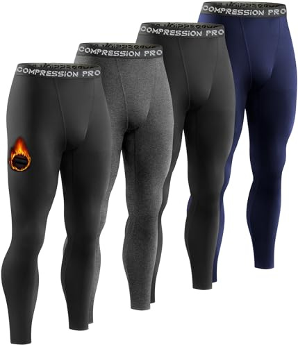 Dalavch 4 Pack Men Thermal Compression Pants,Fleece Lined Heated Leggings for Cold Weather Sports Athletic Winter Baselayer 2 Black 1 Gray 1 Blue Large