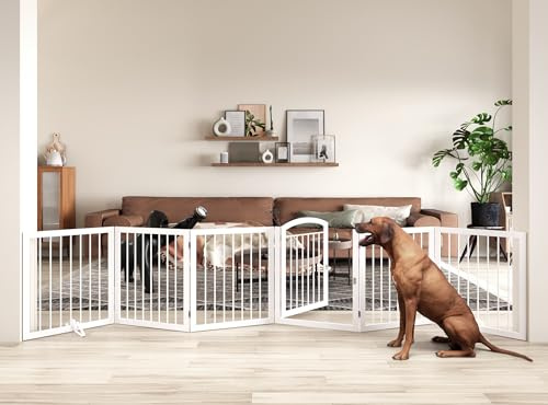 JSB 144-inch Extra Wide 30-inch Tall Dog gate with Door Walk Through, Freestanding Round Tube Pet Gate for Halls Stairs, Puppy Safety Dog Fence with 2PCS Support Feet (White)