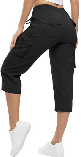 YSENTO Womens Shorts Walking Cargo 3/4 Length Hiking Shorts Lightweight Summer Capri Cropped Outdoor Pants with Multi Pockets(Black,L)