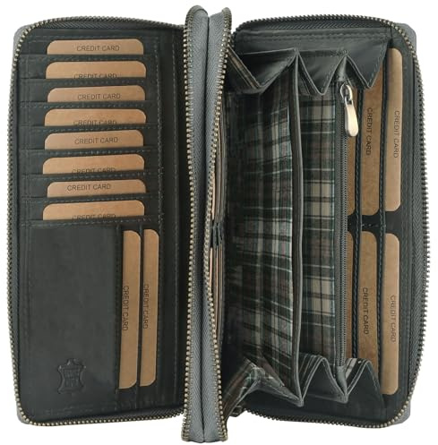 Benthill Geldbörse Damen Gross Echt Leder | Portemonnaie Damen Groß mit RFID Schutz | Geldbeutel aus hochwertigem Rindsleder mit vielen Kartenfächer inkl. Geschenkbox, Farbe:Olive - Grau