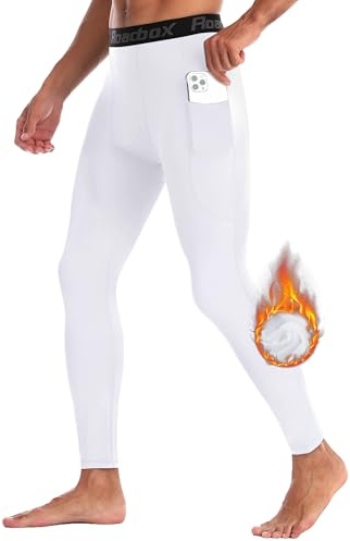 Roadbox Mens Compression Running Tights - Athletic Thermal Tight Pants Sports Warm Leggings Bottoms for Cold Weather Workout White