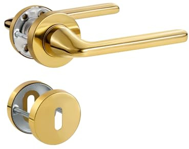 SORWDUERM Maniglia per porta Pvd Gold Set maniglia, acciaio inox opaco, maniglia per porta d'ingresso e porta interna, forma a L, rosetta rotonda, BB - Maniglia per letto