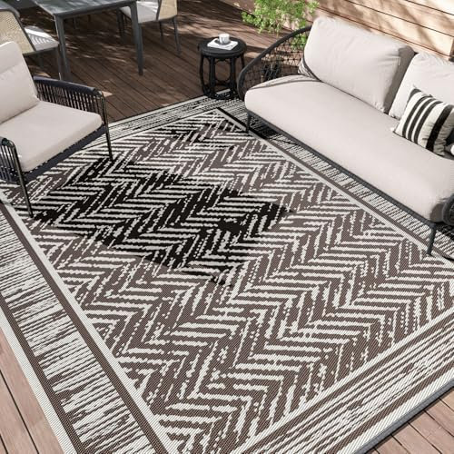 SIXHOME Tappeto da Esterno 150 * 240cm, Tappeto Esterno Terrazzo Reversibile Portatile Pieghevole per Giardino Impermeabile Resistente ai Raggi UV, Marrone e Beige