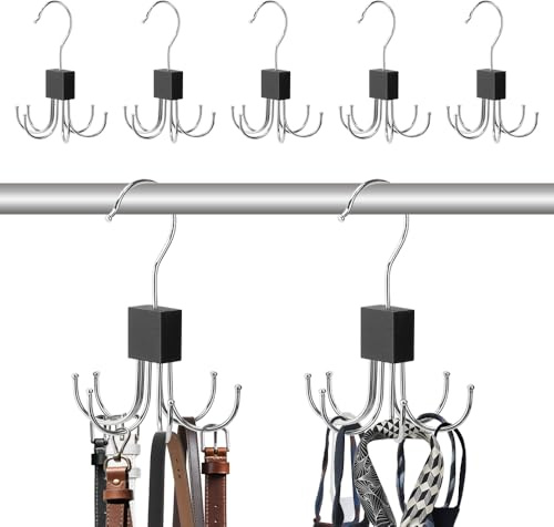 FIDWALL 5PCS Family Pack Wooden Matte Black Hexagon Belt Hanger - 360° Rotating 6 Hooks,Space Saving Organizer for Belts,Ties,Hats,Durable Wardrobe Storage with Anti-Slip Design(5 Pcs Matte Black)