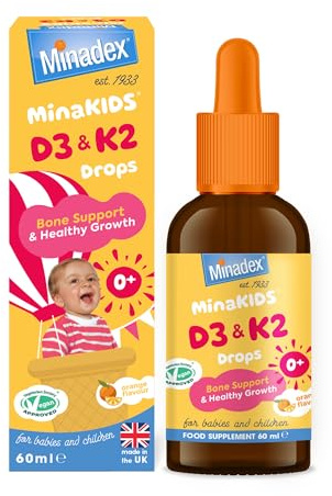 Minadex® MinaKIDS D3 & K2 Drops – Delicious Orange Flavoured Supplement with 400 I.U D3, Essential Bone & Immune Support Vitamins for Babies and Children, Sugar-Free, Vegan, 60ml