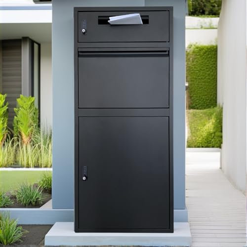 Boîte à Colis – Boîte Aux Lettres pour Colis – Noire – Libre Pose Ou Fixation Murale – Compartiment Séparé – Serrure À Code – Tapis Amortisseur Offert – Acier Résistant – DuoBox ParcelXL®
