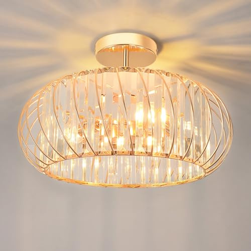 ANWIO Lustre Cristal Moderne Doré, Plafonnier Salon E14, Luminaires Intérieur Ø400mm, Plafonnier Led Chambre, Salle à Manger, Cuisine