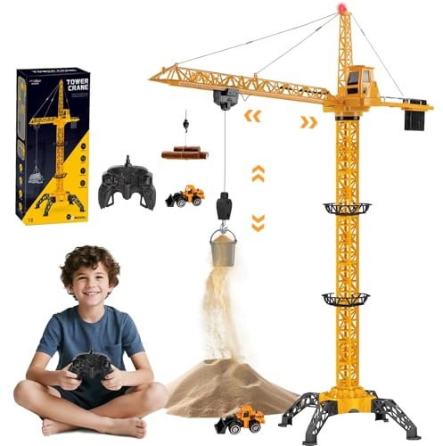 JONRRYIN Grue à Tour Télécommandée de Hauteur 138 cm, 6 Canaux 2,4 GHz RC Grue à Tour 680° Rotation, Jeu de Chantier Enfant avec Lumières pour Enfants Garçon (Jaune)