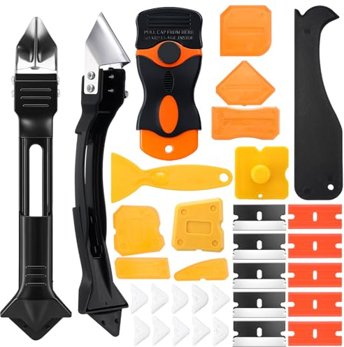 Pickmesh 33 Pcs Silicone Caulking Tool Kit Set 3 in 1 Caulk Remover & Grout Removal Tool with Pads 2 in 1 Razor Blade Scraper with Blades Sealant Finishing Tools for Kitchen Bathroom Sink Window Floor