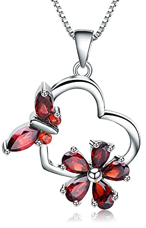 S925 Silver Halsband Hänge, Naturlig Granat Temperament Hänge Mode Ljus Lyx Fjäril Blomma Nyckelbenskedja Ädelstenssmycken för kvinnor Presenter (granat 19 * 26,5 mm)