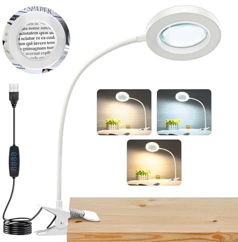 JUOIFIP 10X Lente Ingrandimento con luce da Tavolo, Lente d'ingrandimento a Clip, lente Ingrandimento da Tavolo, Lente Ingrandimento Per Ricamo,48 LED Dimmerabili, 3 Modalità Regolabili, Bianco