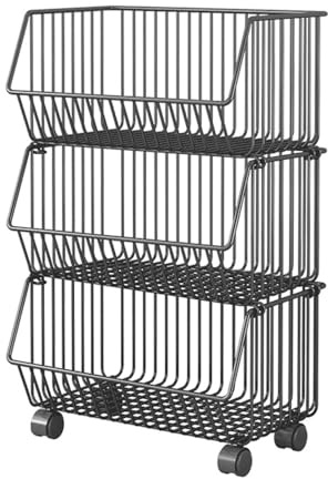 Sxhlseller Estante Apilable para Contenedores de Almacenamiento de Cocina con Ruedas Rodantes para Frutas y Verduras, Cesta Organizadora de Aperitivos de 3 Niveles, Color Negro (3 Niveles)