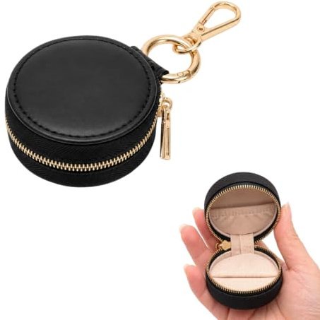baotongle Jewelry Box with Keychain Mini Portable Travel Jewelry Box Small Storage Box for Ring Keyring Jewellery Holder Round Design (Black)