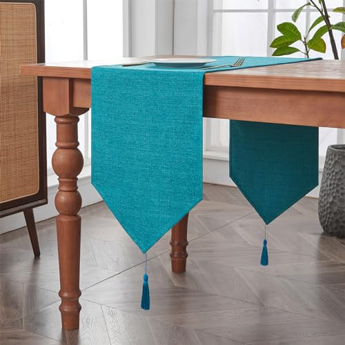 Table Runner with Tassels Spill-proof Washable Rustic Farmhouse Runners Table Decorations for Kitchen Dining Centrepiece Sideboard birthday wedding party (Lake Blue, 35 x 180 cm)