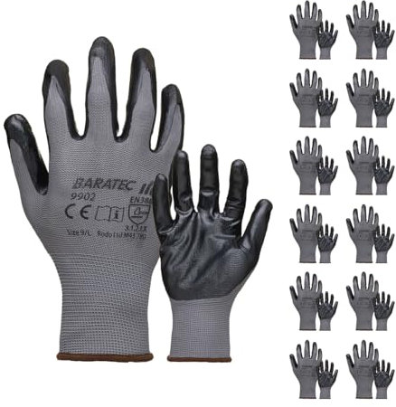 Baratec 12 x Super Grip Flat Nitrile Safety Work Gloves, Men's Women's Flexible Maximum Grip Working, Optimal For Handling, Assembly Work, Manufacturing, Warehousing, Automotive, Engineering, Size L