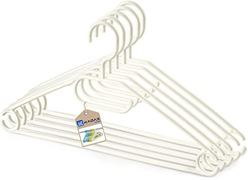 KADAX Kleiderbügel aus Kunststoff, 5 Stück, 360°drehbarer Haken, eingekerbte Schultern, Hosensteg, platzsparende, rutschfeste, Garderobenbügel für Hemd, Hosen, Rock, Jackenbügel (Creme)