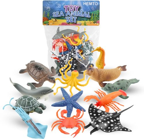 Toy Sea Animal Set (12 Pack) - Educational Toy Sea Creatures for Bath Time - Realistic Ocean Creature Playset with Dolphin, Stingray - Figure Gift Set for Children, Toddlers - Perfect for Cake Toppers