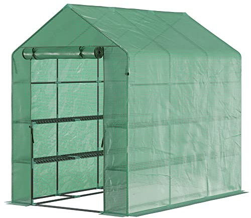 Outsunny Folieväxthus gångjärnsväxthus med 8 hyllnivåer, tomatväxthus, drivhus, drivbänk med dörr, grönt stål, PE-plast, 214 x 143 x 195 cm