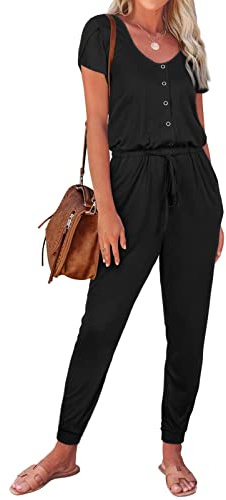 REORIA Women's Summer Casual Jumpsuit Plain Scoop Neck Button Down Bud Sleeve Rompers With Pockets Black M