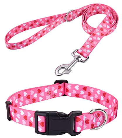Mihqy Dog Collar and Leash Set, for Large Dogs, Pink Heart Set,L | with Fashion Patterns, Adjustable for Small Medium Large Dogs, Comfortable for Walks and Outdoor Hikes