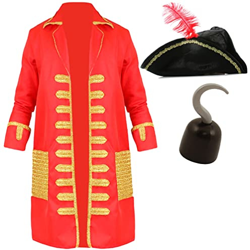 Adults Captain Hook Costume - Standard - Red and Gold Pirate Coat, Black Pirate Hat with Feather and Plastic Hook Hand - Adults TV/Film World Book Day Fancy Dress Costume