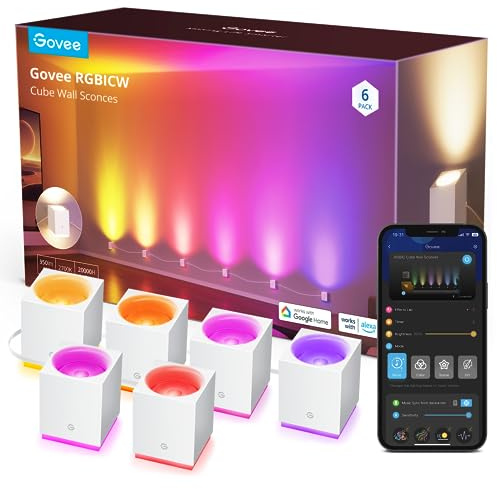 Govee Cube Wall Sconces, RGBIC LED Wall Light Works with Alexa, WiFi Smart Lights for Room Decor, Color Changing Indoor Light Fixture for Bedroom Dining Room, Music Sync, Adjustable Cables, 15ft