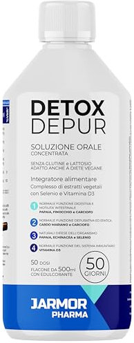 Detox Drenante Forte 500 ml – Depurativo Fegato e Intestino, Pancia Sgonfia | Cardo Mariano, Carciofo, Finocchio, Echinacea, Selenio, Vitamina D3 | Naturale, Vegan, Made in Italy