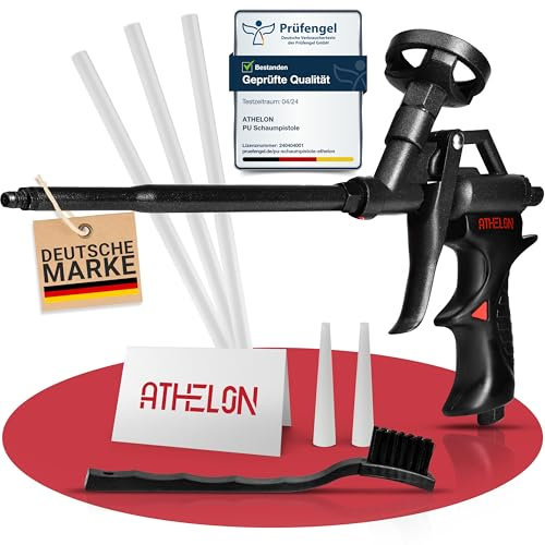 ATHELON® PU Schaumpistole - Ergonomische Bauschaumpistole mit Teflon-Beschichtung, Feindosierungsventil & Aufsätzen für das präzise und einfache Auftragen von Bauschaum & Montageschaum