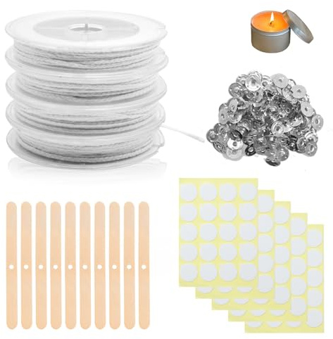 Mechas para Velas,Mechas para Velas Naturales,Mechas para Velas de 80m,Base para 100 Mechas para Velas,10 Soportes para Mechas,100 Pegatinas para Velas DIY de Doble Cara.