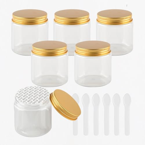 PQPAUTY 6 Stück Kleine 250 ml Transparent Kunststoff Leere Cremedose Dose mit Gold Deckel 250 g Leerdose Schraubdose Blechdosen Kosmetische Behälter Tiegel, 6 Stück Spatel