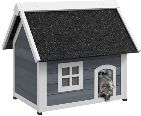 PawHut Katzenhaus Outdoor Katzenhöhle aus Holz, mit Aufklappbar Asphaltdach, Wetterfest Katzenhütte mit Fenster, 3 Türen, 77 x 57,5 x 68 cm, Grau