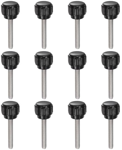 QUARKZMAN 12pz Manopole di Serraggio Zigrinate M4 x 25mm Metrico 304 Acciaio Inossidabile Filettatura Maschio Vite a Testa Zigrinata 14mm Testa Rotonda Plastica Filettata Bullone a Mano Nero