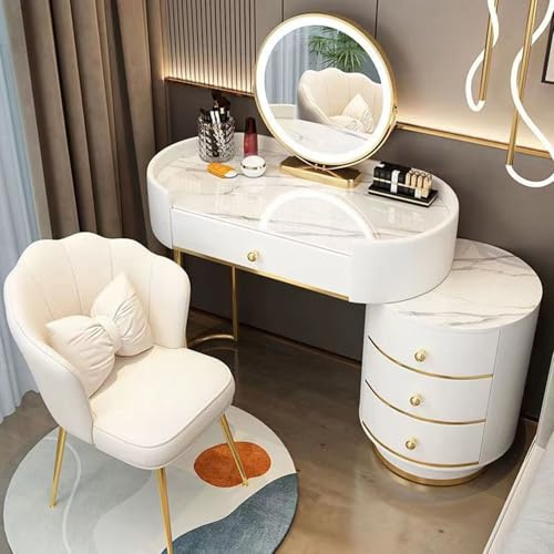Meedlopia Grande Set di Scrivania per Vanità con Luci LED, 3 Modalità di illuminazione, Tavolo da Trucco con Armadietto Regolabile, Tavolo da Vanità con Cassetti e Sgabello, Tavolo da Toeletta