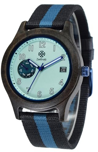Zeitholz Reloj de Madera para Hombre Thum – Caja de Madera 40mm – Calendario Mensual – Manecillas Luminiscentes – Reloj Ecológico Ligero con Correa de Tela 20mm (Aqua)