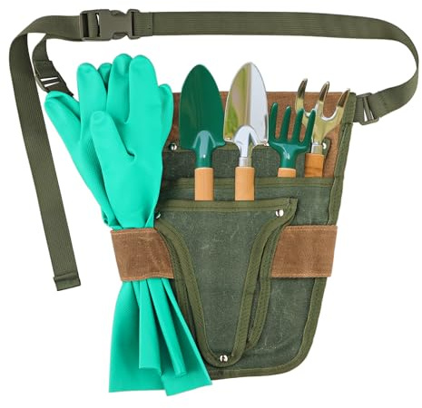 Handy Garden Tool Belt, Heavy Duty Canvas Small Tool Bag Pouch with Multiple Pocket, Adjustable Outdoor Gardening Waist Belt for Women Men Gardeners Carpenters Builders Joiners (Green and Brown)
