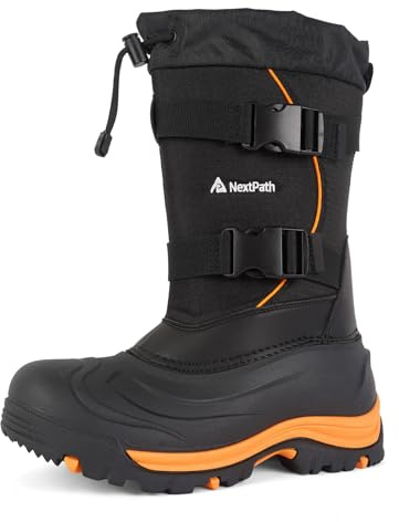Nextpath Men's Snow Boots 14 inch Snow Boots For Men Waterproof Insulated Mens Winter Work Boots with Removable Liner Black Winter Boots Black-Orange-Buckle 8