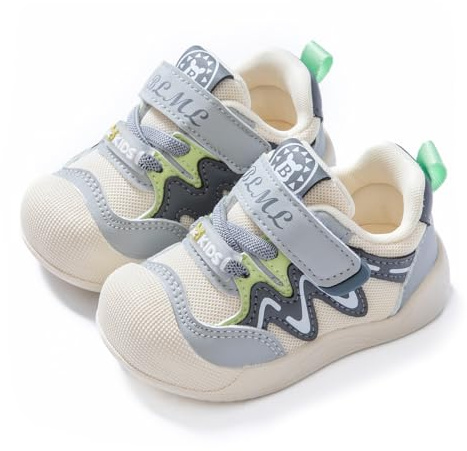 TootyTots Chaussures d'apprentissage pour bébé - Semelle antidérapante et maille respirante - Souple et flexible - Pour garçons et filles - Premiers pas, légères et confortables, K0038 Gris, 21.5 EU