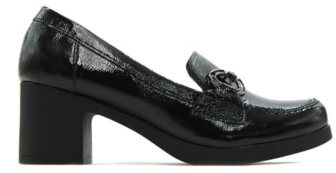 PITILLOS - Zapato mocasín con tacón Ancho y Plataforma de Goma,Piel,con eslabón metálico,Sencillo,Charol,Brillo para: Mujer Color: Negro Talla:37