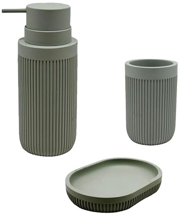 Relaxdays Badrumstillbehör, 3-delat set, tallrik, tvåldispenser, tandborstmugg, polyresin, ljusgrå, 17,5 x 6,5 x 6,5 cm