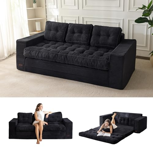 MAXYOYO Golvbänk, Bäddsoffa, 190 cm bred, med kudde, 2-i-1 hopfällbar manchester, 3-sits med sovfunktion, liggyta 101 x 196 cm, för vardagsrum, sovrum, lounge